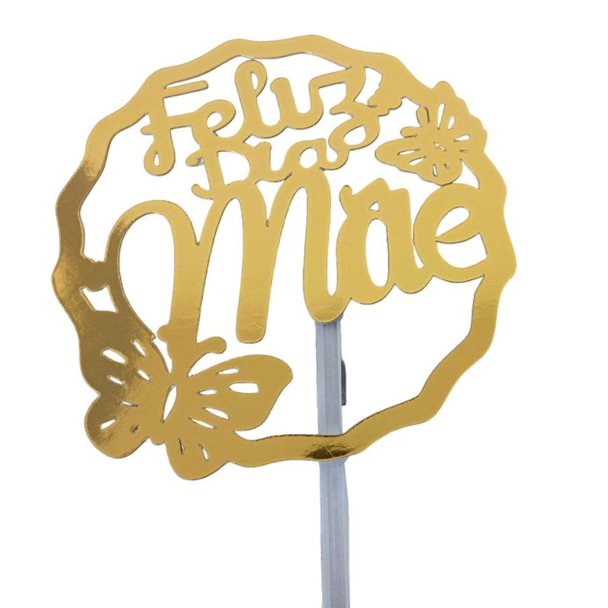 Topper Papel Dourado Feliz Dia Mãe 9,5 x 9,5cm