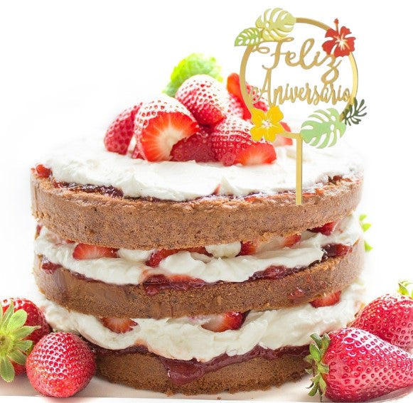 Topper Acrílico Dourado Feliz Aniversário Tropical 18cm