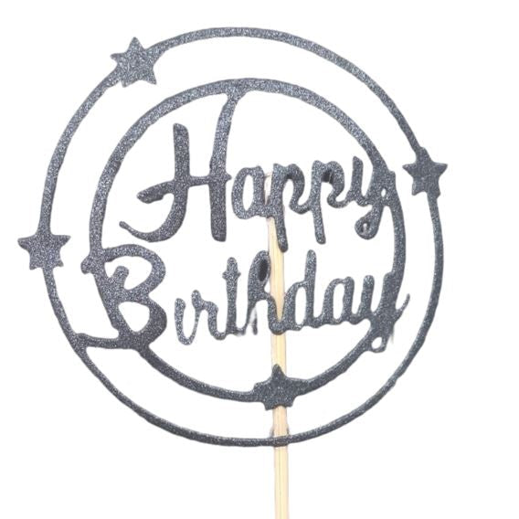 Topper Happy Birthday Redondo Preto 7,5cm - Sweetart