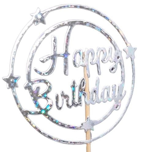 Topper Happy Birthday Redondo Prateado Brilhante 7,5cm - Sweetart