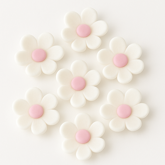 Blossoms Brancas com centro rosa em Pasta Açúcar- Conj 10