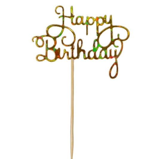 Topper Happy Birthday Dourado Brilhante 8x6 cm