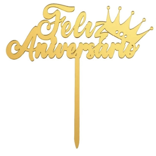 Topper Dourado Feliz Aniversário Coroa 15cm