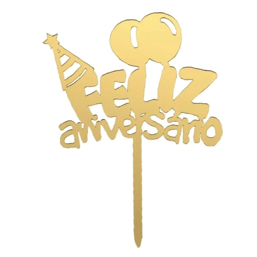 Topper Dourado Feliz Aniversário Festa 17cm