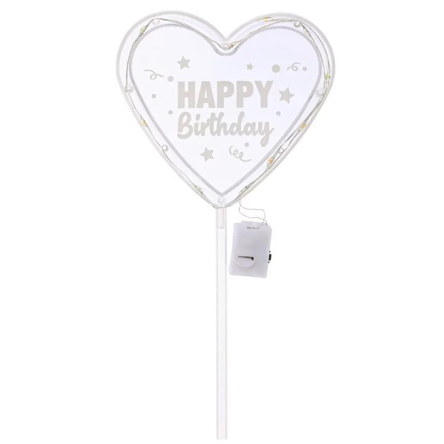 Topper Happy Birthday em coração com luzes 22cm