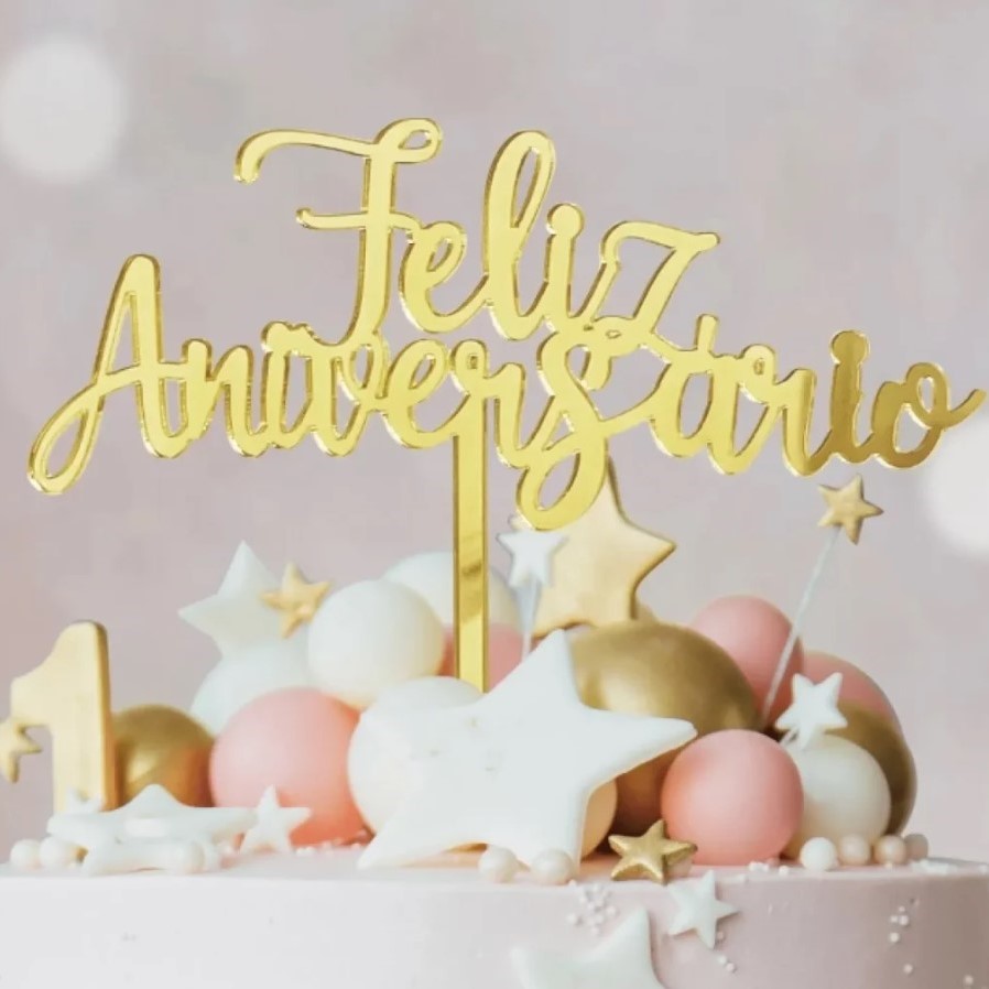 Topper Acrílico Dourado Feliz Aniversário 14cm