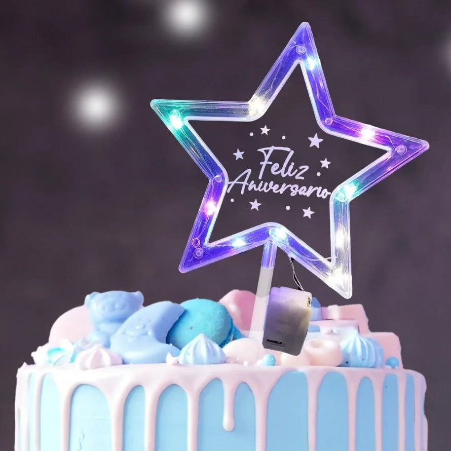 Topper Happy Birthday estrela com luzes 21cm