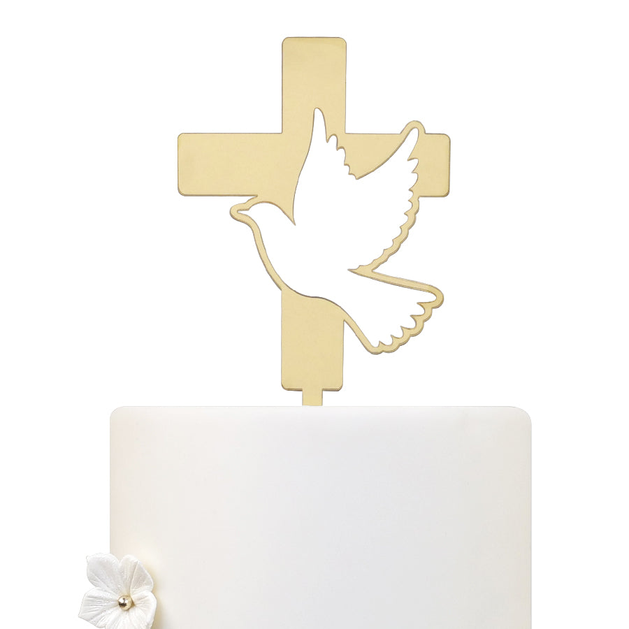 Topo Acrílico Ouro Cruz c/ Pomba