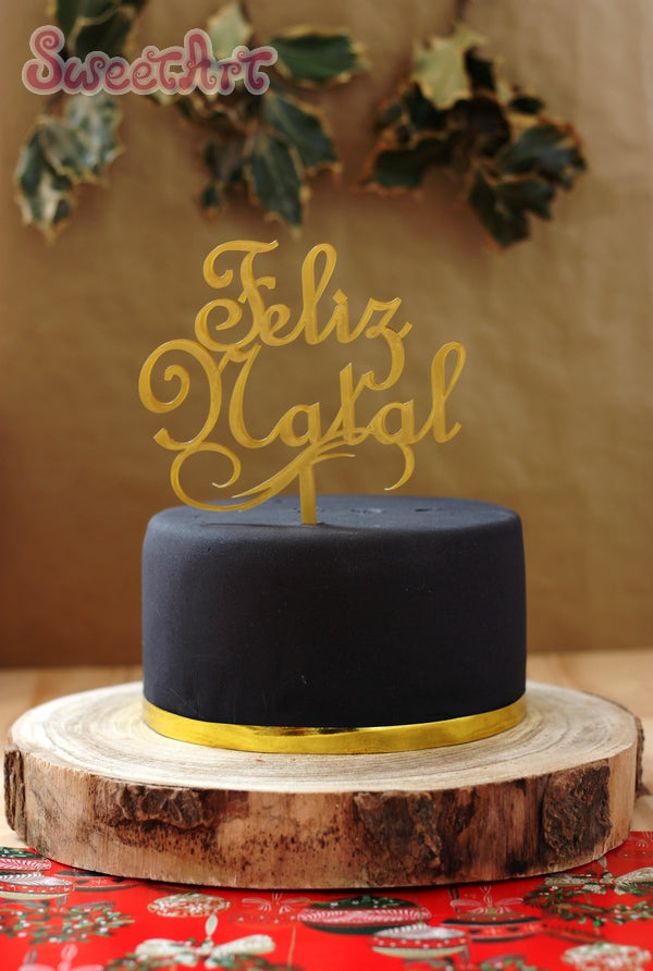Topo de Bolo Acrílico "Feliz Natal" Dourado