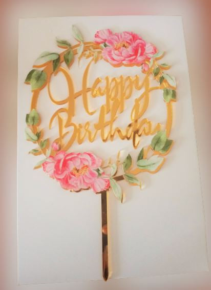 SweetArt Topo Acrílico Happy Birthday com Flores