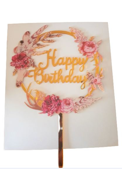 SweetArt Topo Acrílico Happy Birthday com Flores e Penas