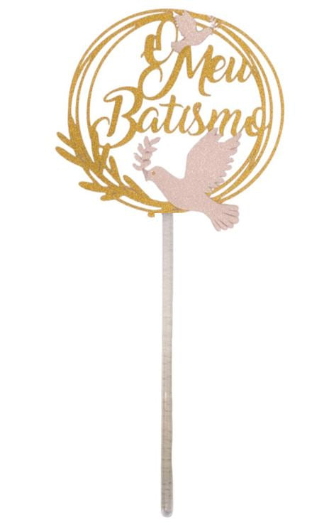 SweetArt Topper Redondo Papel Dourado - O Meu Batismo e pombas brancas 14 cm