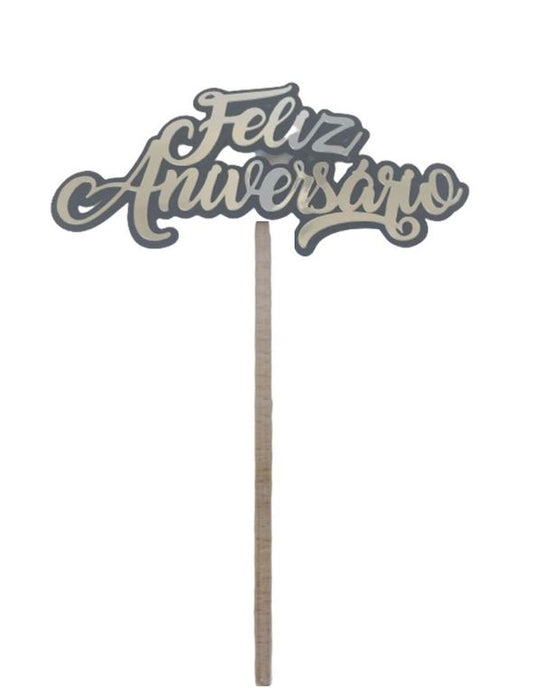 SweetArt Topper Papel Prateado - Feliz Aniversário 14,5 x 5,5 cm