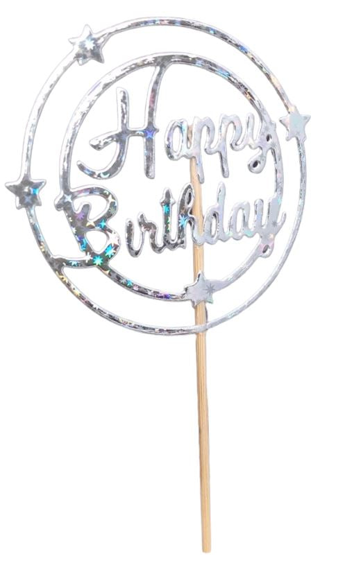 Topper Happy Birthday Redondo Prateado Brilhante 7,5cm - Sweetart