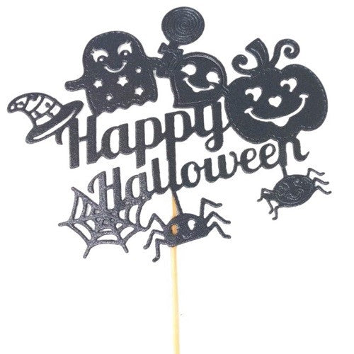 Topper Fantasma e Abóbora Happy Halloween Preto Brilhante 10x10 cm