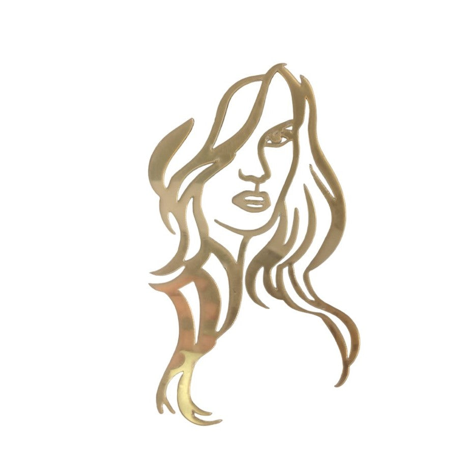 Decoração em acrílico dourado rosto feminino cabelo comprido