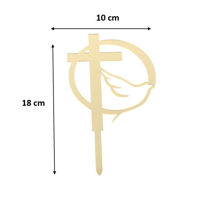 Topper Acrílico Cruz Dourada e Pomba 18cm